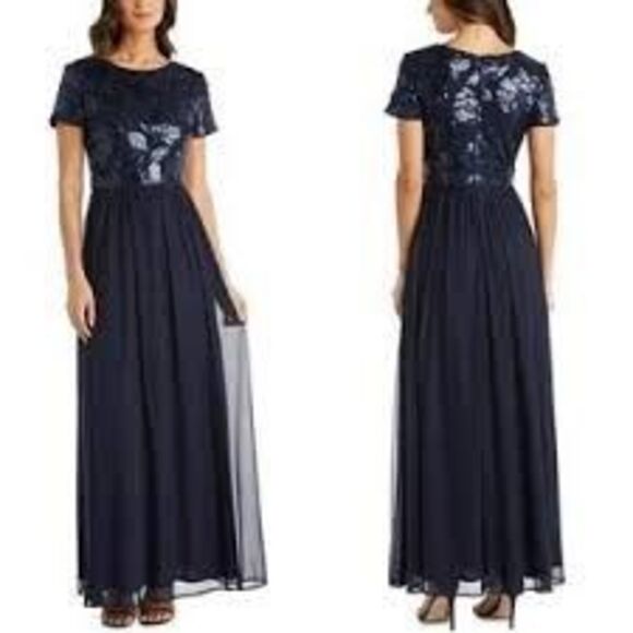 R&M Richards Size 12 Short Sleeve Formal Gown Dark Blue Sequin Leaf Flowy Modest - Picture 1 of 16